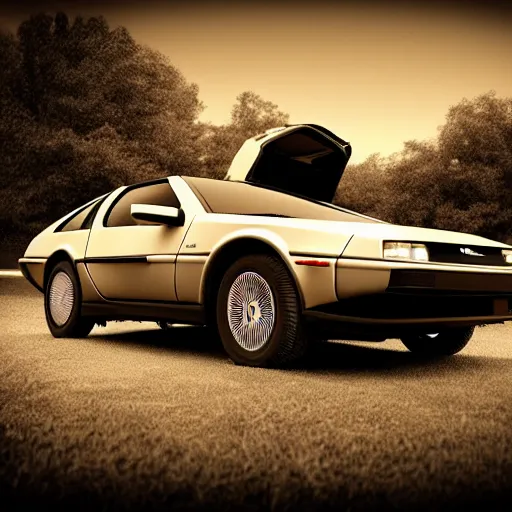 Image similar to a monochromatic sepia photograph of a delorean on the oregon trail, trending on art station,