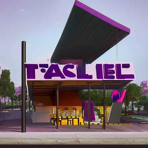 Prompt: taco bell fast food restaurant inspired by raphael lacoste, simon stalenhag, frank lloyd wright, zaha hadid, matte painting