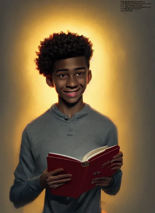 Image similar to portrait of teenage chuck clayton, black teenage boy, short curly hair, short hair square jaw, slight excited smile, reading a comic book, intricate, elegant, glowing lights, highly detailed, digital painting, artstation, concept art, smooth, sharp focus, illustration, art by wlop, mars ravelo and greg rutkowski