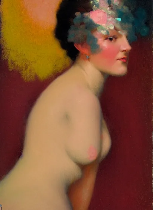 Image similar to an extreme close - up portrait of a lady in a scenic representation of mother nature and the meaning of life by billy childish, thick visible brush strokes, figure painting by delphin enjolras and by beal gifford, vintage postcard illustration, minimalist cover art by mitchell hooks