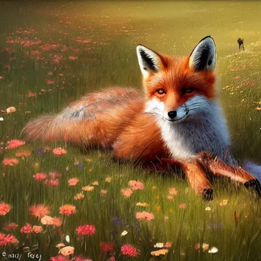 Image similar to a portrait of a cute fox in a field of beautiful flowers, by stanley lau and greg rutkowski