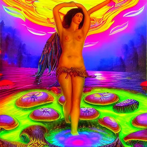 Prompt: goddess of mushrooms bathing in the glowing lake, fantasy painting, extremely psychedelic