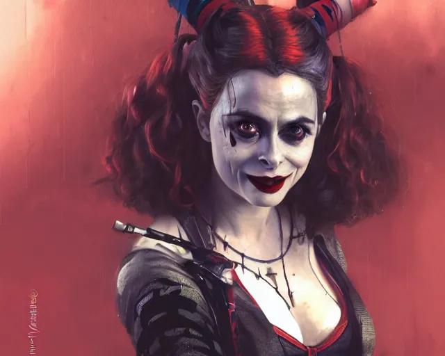 Image similar to highly detailed portrait of helena bonham carter as harley quinn, in batman : arkham knight, stephen bliss, unreal engine, fantasy art by greg rutkowski, loish, rhads, ferdinand knab, makoto shinkai and lois van baarle, ilya kuvshinov, rossdraws, tom bagshaw, global illumination, radiant light, detailed and intricate environment