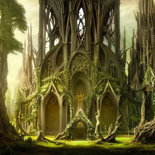 Image similar to a beautiful and highly detailed matte painting of a beautiful elven cathedral in a magical celtic forest, otherworldly trees and plants and flowers, celtic vegetation, epic scale, insanely complex, hyperdetailed, sharp focus, hyperrealism, artstation, cgsociety, 8 k, bright colors, by caspar friedrich, albert bierstadt, james gurney, brian froud,