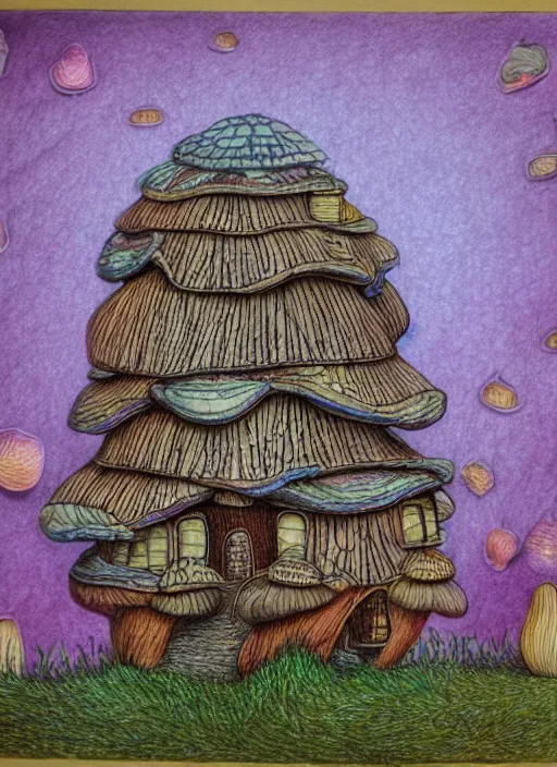 Prompt: a hybrid between a mushroom and a house,, insanely detailed, studio light, 3 d rendering, colored pencil