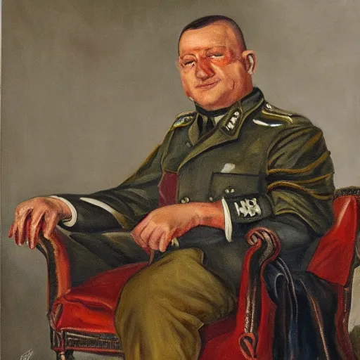 Image similar to a oil painting of a anthropomorphic german shepherd beast - man, wearing military outfit, sitting on an armchair