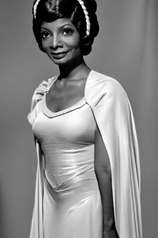 Prompt: ! dream photorealistic!! young adult nichelle nichols as princess leia, white regal gown, film quality