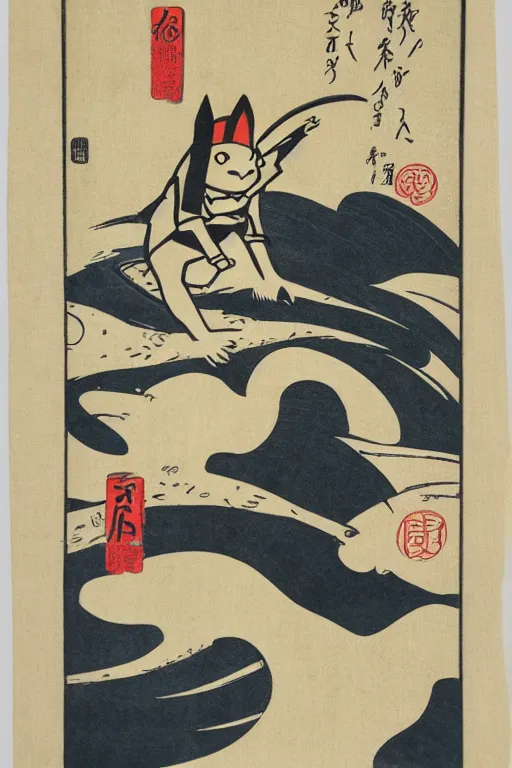 Image similar to surfing Pikachu, ukiyo Japanese woodblock print