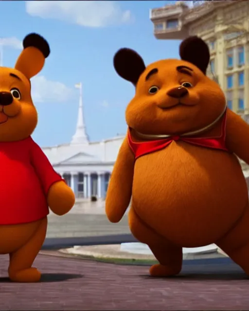 Image similar to movie still of president xi jinping starring as winnie the poo and vladimir putin as rabbit in live action winnie the poo movie, highly detailed, photorealistic