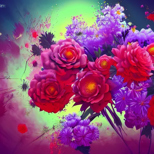 Image similar to flowers, retrowave epic art, trending on art station