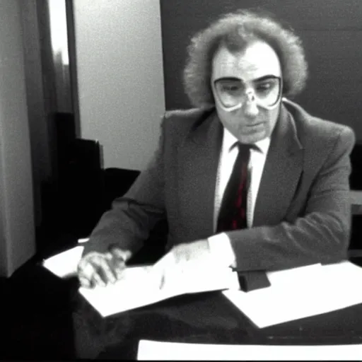 Prompt: Stewart Pankin as Bob Charles dressed in a red suit jacket and necktie sitting at a news desk, videotape still from 1985