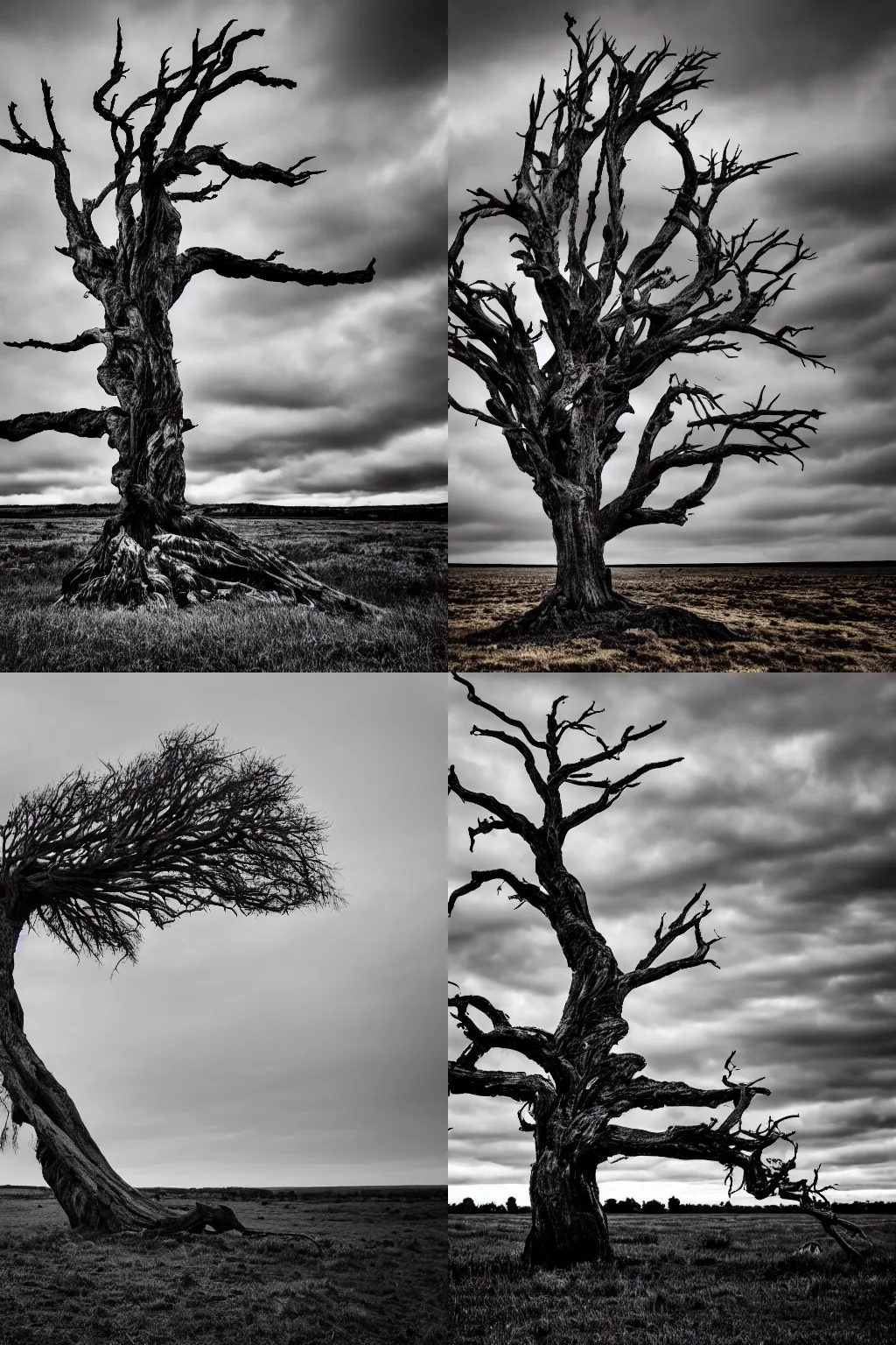 Prompt: a huge, gnarly dead tree growing in the middle of a barren field on an overcast day, dark, dramatic, desaturated cold color palette, 4k, high quality