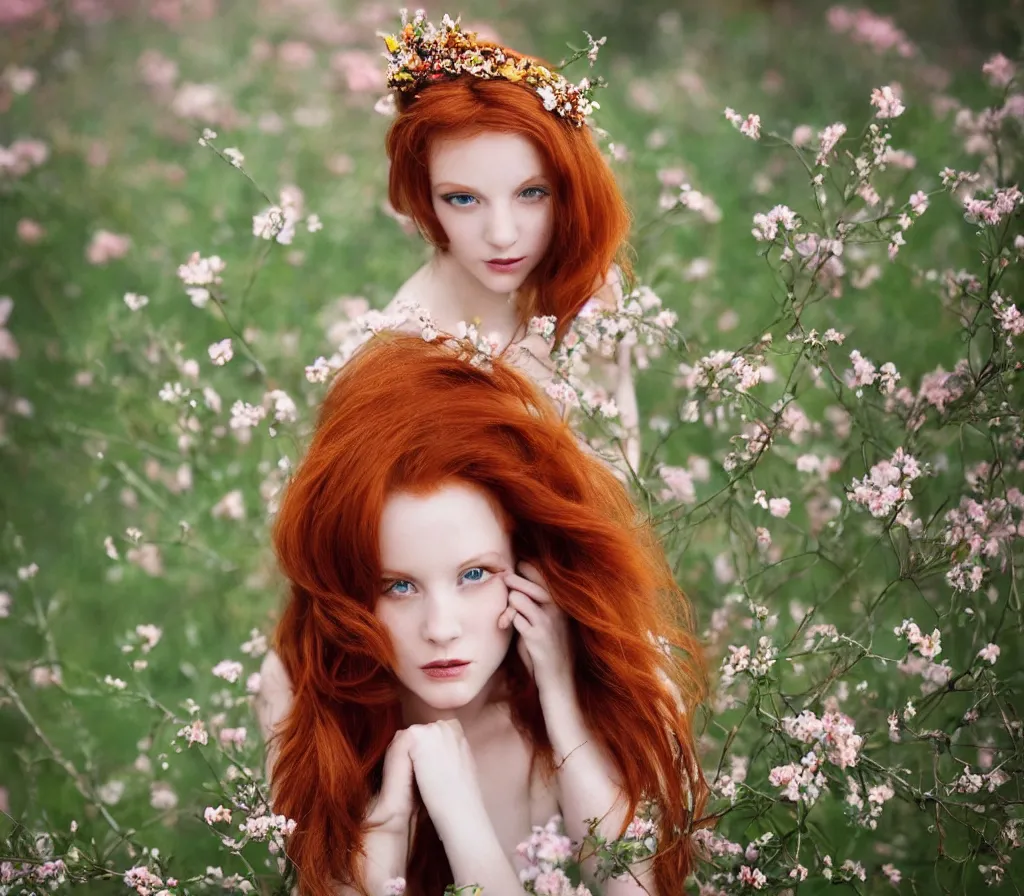 Image similar to Fine art photo of a beauty model, she is redhead, she is posing while maintain a sweet eye contact to the camera, she has a crown of flowers and she has flowers around her, the photo was taken at sunset; you can see a bokeh effect behind the model, the photo was taken by Annie Leibovitz, photorealistic, matte painting, hyper realistic, concept art, 4k, 8k, cinematic composition, cgsociety, HD, highly detailed, octane render, unreal engine 5, trending on artstation, shaders