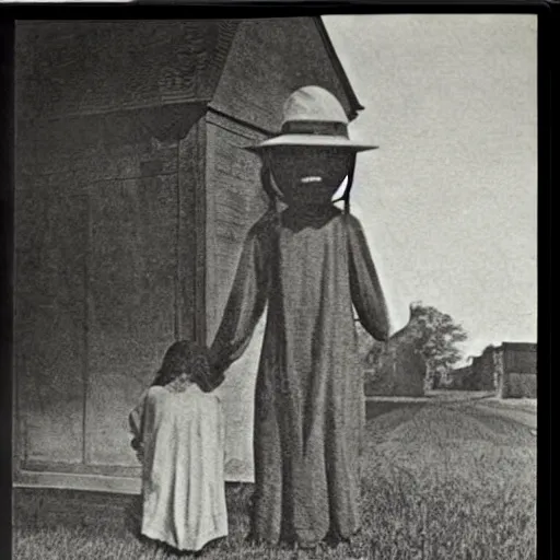 Image similar to scary unproportionally tall ghost creature in the middle of a village, 1920s picture