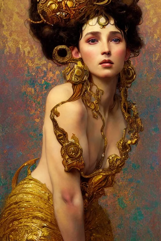 Image similar to an intricate artistic pose painting of a beautiful young goddess with an artistic sensual pose with klimt golden motives and textures, hyper detailed, ornamental gold headpiece, octane render, vivid colors, artstation, by jeremy mann, by alphonse mucha, by boris vallejo