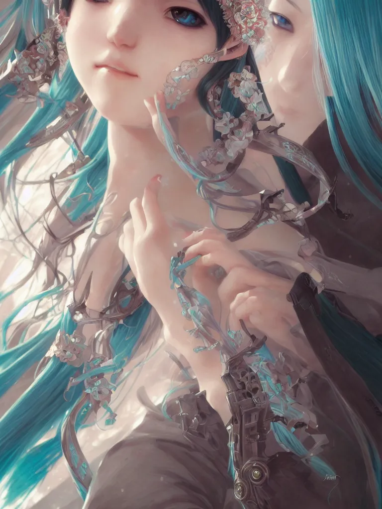 Image similar to Hatsune Miku, closeup, D&D, fantasy, intricate, elegant, highly detailed, digital painting, artstation, concept art, matte, sharp focus, undistorted, illustration, art by Artgerm and Greg Rutkowski and Alphonse Mucha