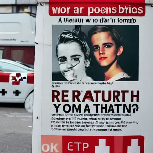 Prompt: a sign that bans emma watson pictures red cross not allowed public health poster