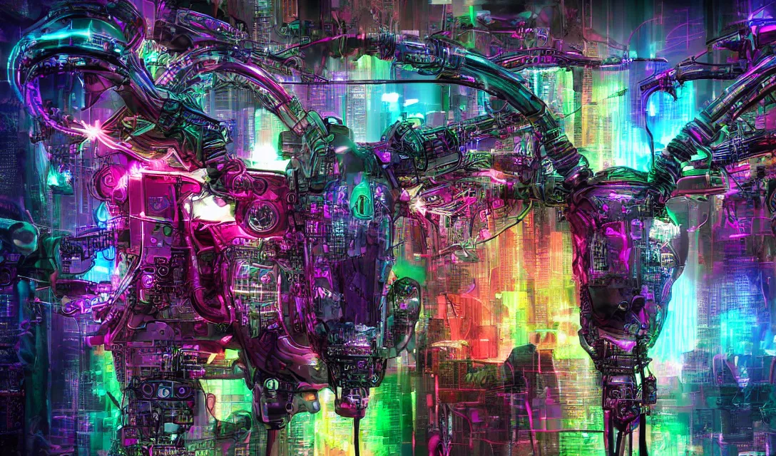 Image similar to complex cyberpunk machine background merged with evil cybernetic goat head centered!, multicolored digital art