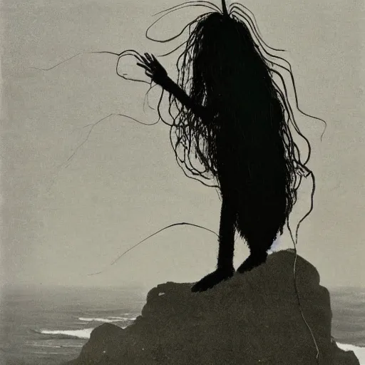 Image similar to A beautiful installation art of a human-like creature with long, stringy hair. The figure has no eyes, only a mouth with long, sharp teeth. The creature is standing on a cliff overlooking a dark, foreboding sea. by Walter Percy Day, by Norman Ackroyd balmy