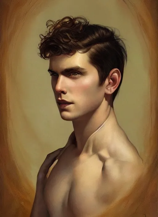 Prompt: a portrait of a content young man with short brown hair, art by manuel sanjulian and tom bagshaw