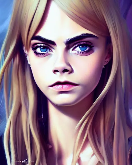 Image similar to portrait of Cara Delevingne as Anime girl cute-fine-face, full body! pretty face, realistic shaded Perfect face, fine details. Anime. realistic shaded lighting by Ilya Kuvshinov Giuseppe Dangelico Pino and Michael Garmash and Rob Rey