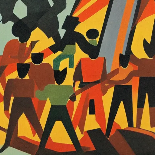 Image similar to oil on masonite painting by aaron douglas of men fighting in a cafeteria