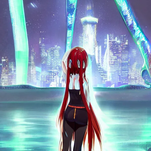 Prompt: a teenage anime android girl wearing a very high intricate detailed dress made out of water standing in a crystal clear lake with a neon lit futuristic city in the background::full body::very long black and red hair::left eye is yellow and right eye is glowing red::heterochromatic eyes::intense stare::cinematic lighting::medium shot::MCU::trending on artstation::CSP::Photoshop::WLOP, Rossdraws, James Jean, Andrei Riabovitchev, Marc Simonetti, Anastasia Ovchinnikova, Véronique Meignaud, BEN MAIER and Sakimichan