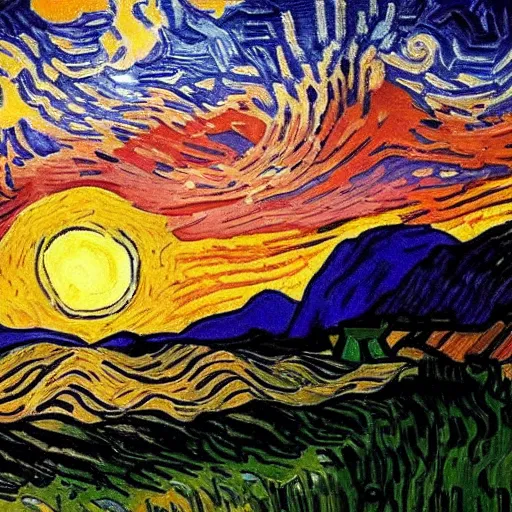 Prompt: beautiful sunset painting by van gogh