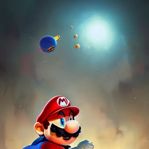 Image similar to mario in space by greg rutkowski, digital art, trending on artstation, highly detailed