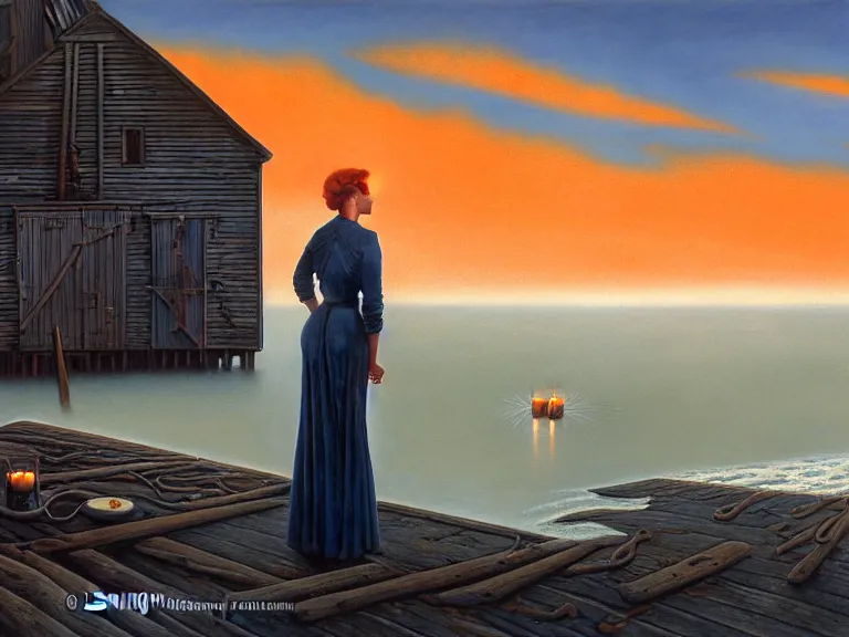 Image similar to a woman standing on a forgotten wharf on a cold sea by rob gonsalves and vladimir kush and roberto ferri and ruth deckard and alberto vargas and gil elvgren and harry ekman and george petty, crisp details, hyperrealism, high detail, high contrast, low light, grey mist, cobblestones, orange candle flames