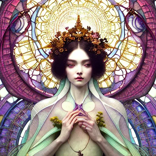 Image similar to a beautiful empress, intricate, elegant, hyper detailed, finely detailed beautiful angelic symmetry face delicate, smooth, sharp focus, award - winning, masterpiece, in bloom greenhouse, shining light came in through the window, style of tom bagshaw, cedric peyravernay, peter mohrbacher, louis comfort tiffany, victo ngai, 4 k hd illustrative wallpaper