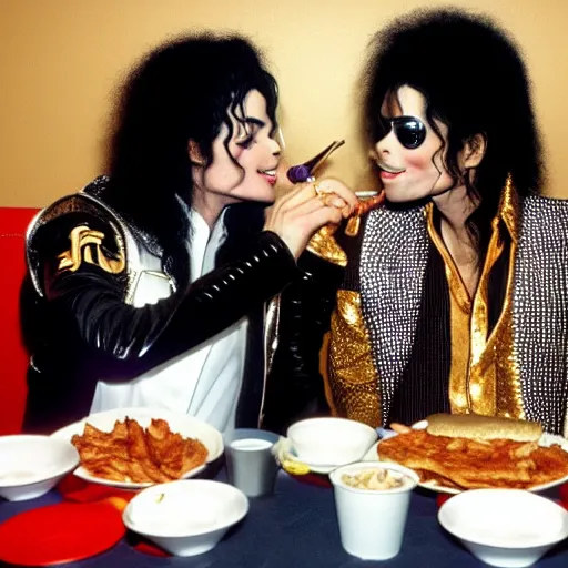 Image similar to Michael Jackson having lunch with Prince at a McDonald's, flash photography, high resolution, 8k