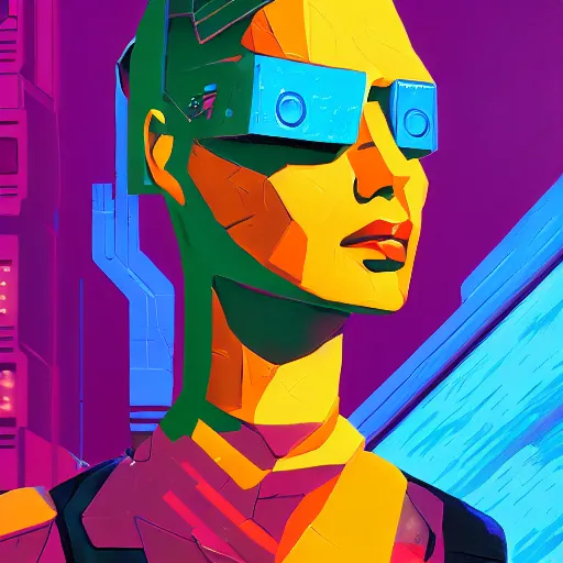 Image similar to a graph - style gouache impasto huge robot head in front of her, cyberpunk art by by james gilleard, cgsociety, retrofuturism, synthwave, retrowave, outrun