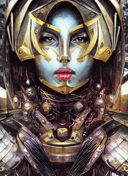 Image similar to symmetry! closeup biblical diabolical beautiful female valkyree! samurai cyborg!! slick wooden armor, heavy eyes to the side, closeup, bright glowing eyes, in clouds, rain, sunset, portrait, by gerald brom, by mikhail vrubel, by peter elson, muted colors, extreme detail, mirrors, trending on artstation, 8 k