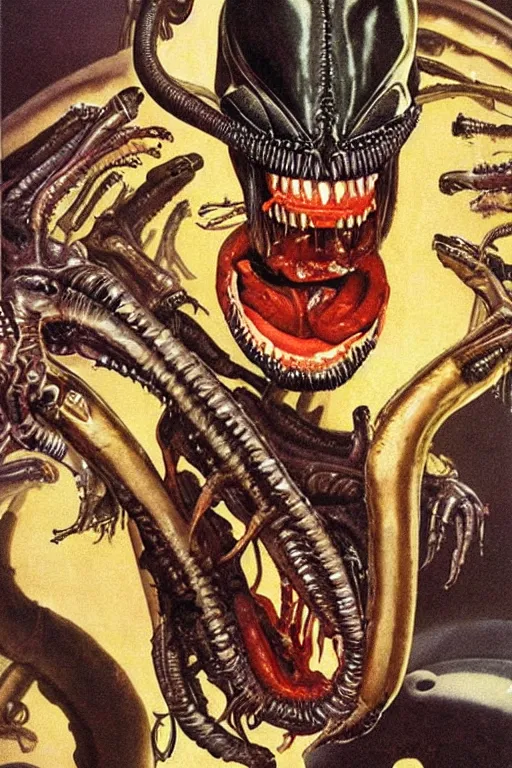 Image similar to alien xenomorph eating a cheeseburger, painted by norman rockwell