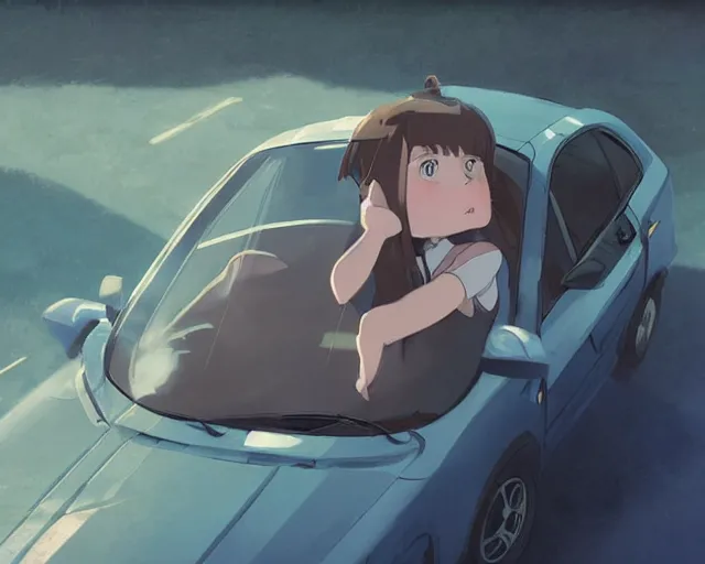 Image similar to a brunnete girl with blue eyes and puffy cheeks lying in a car accident, long shot from the top, anime art, Greg Rutkowski, studio ghibli, dramatic lighting