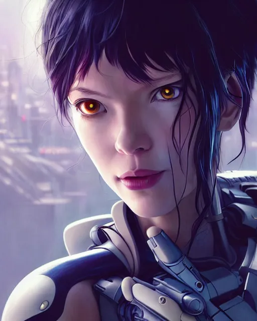 Image similar to weta disney movie still portrait photo of julianfox as the major ghost in the shell as cyborg woman by pixar, by weta, wlop, ilya kuvshinov, rossdraws, artgerm, maxim cover, latex, sweaty, iridescent, bright morning, anime, liosh, mucha