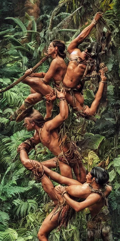 Image similar to editorial photo of battle in jungle, aztec and Amazonian climbing onto another and fight, epic, vintage, blood, slight inspiration of Boris vallejo and apocalypto, war photography