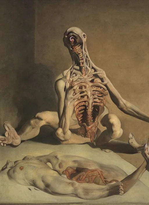 Prompt: a teratoma in the middle of a museum room realizing that he has consciousness painted by edward hooper and goya and giorgio de chirico