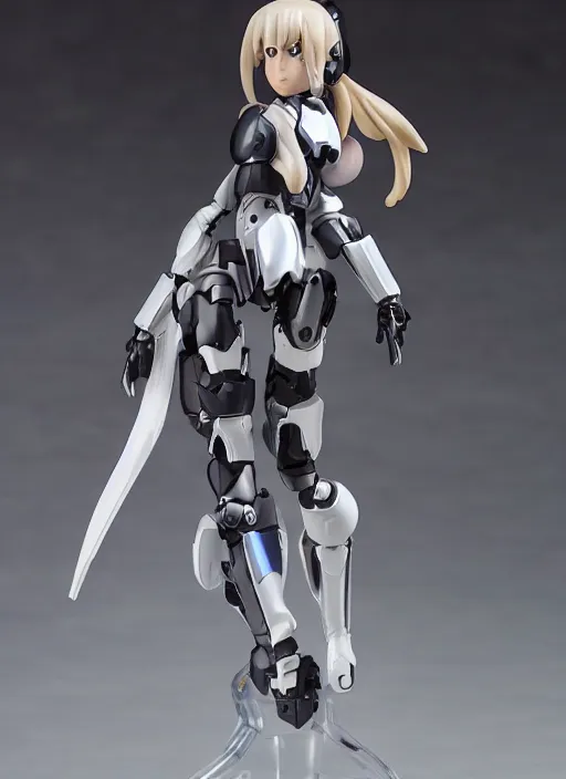 Image similar to toy design,Girl in mecha cyber Armor, portrait of the action figure of a girl, with bare legs， holding a weapon，SCI-FI style， anime figma figure, studio photo, 70mm lens,