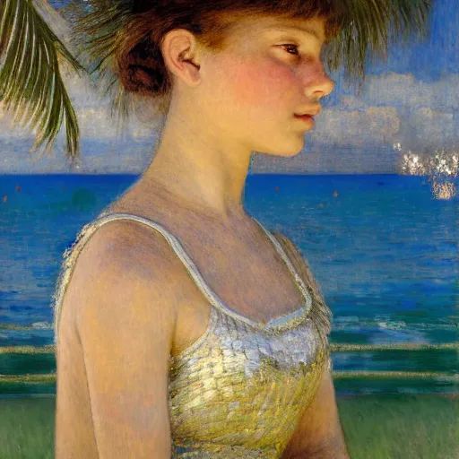 Image similar to a ultradetailed beautiful painting of a girl in the amazonas palace designed by jules bastien - lepage, hans belmer, frank weston and gustave baumann, beach, trending on artstation, mediterranean, palm trees, light sparkles, sharp focus, soft light, 8 k 4 k