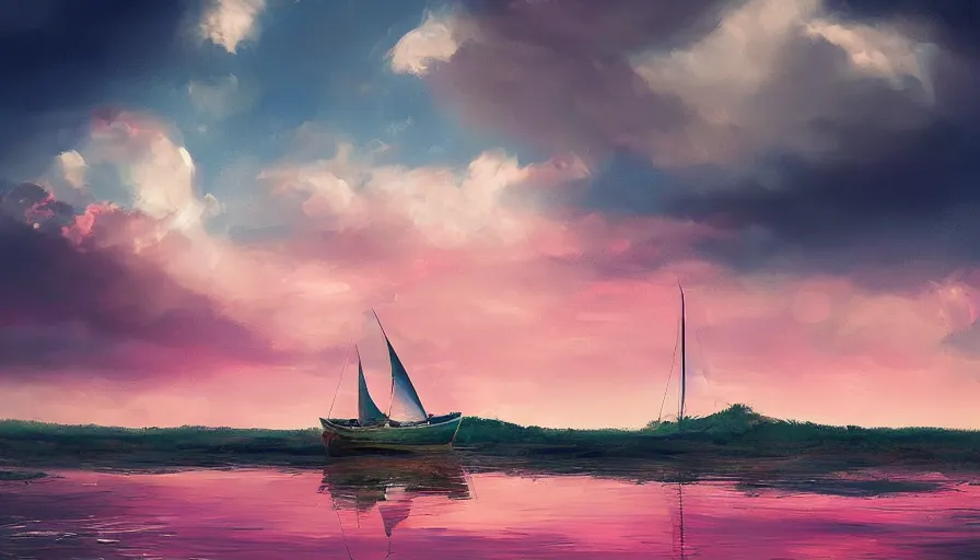 Image similar to a garden gnome sails across a pond in a bucket, dramatic pink clouds, blue sky, jessica rossier, art station