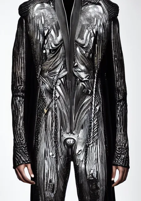 Prompt: designer menswear jacket inspired by h. r. giger designed by alexander mcqueen