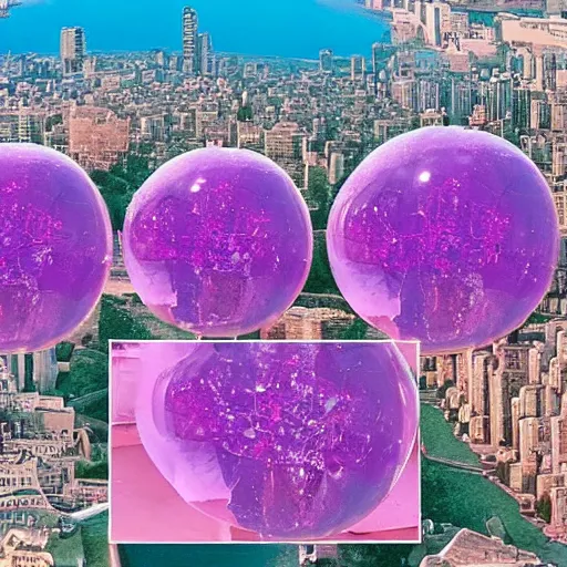 Prompt: giant pink purple bubbles with cities inside them