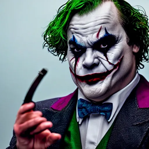 Image similar to jack black as the joker, movie still, 8 k