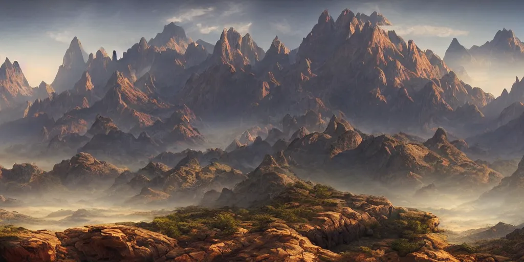 Image similar to beautiful matte painting of large evil mountains and canyons, fantasy