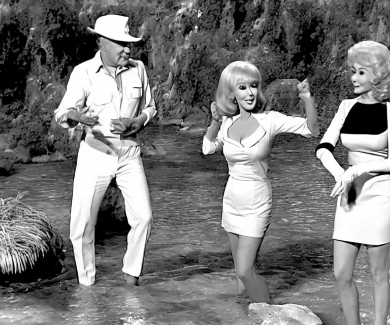 Prompt: barbara eden is a guest - star on an episode of gilligan's island with gilligan and the skipper, video still, hyperrealistic, very detailed