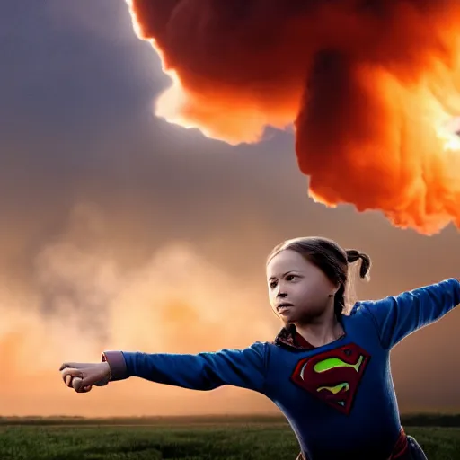 Prompt: epic photo of greta thunberg flying as superman realistic backlit background oil refinery explosions and black smoke. cinematic realistic photographic epic lighting