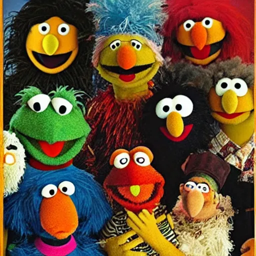 Prompt: Sesame Street muppets designed by Hieronymus Bosch