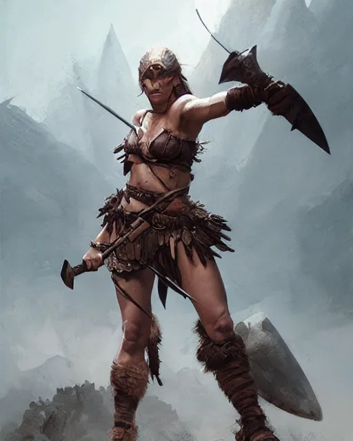 Image similar to hyper realistic photo of barbarian warrior girl, full body, cinematic, artstation, cgsociety, greg rutkowski, james gurney, mignola, craig mullins, brom